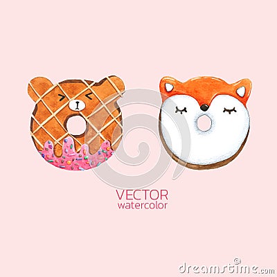 Donuts Cute. Vector watercolor, Hand drawn for Greeting Card, Packaging , Bakery Shop and more Vector Illustration