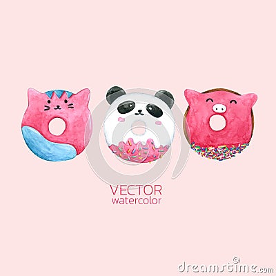 Donuts Cute. Vector watercolor, Hand drawn for Greeting Card, Packaging , Bakery Shop and more Vector Illustration