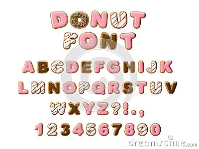 Donuts decorative font glazed sweet letters and numbers. Cute design. 3D illustration Cartoon Illustration