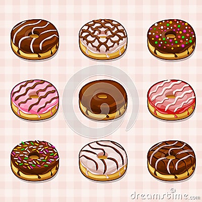 Donuts with different fillings and frostings Vector Illustration