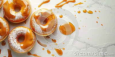 Donuts dipped in caramel glaze on a light background with copy space Stock Photo