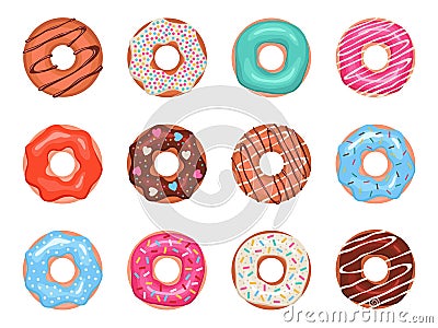 Donuts. Doughnuts in colorful glaze, kids sweets assorted, pastry for menu design, cafe decoration and delivery box Vector Illustration