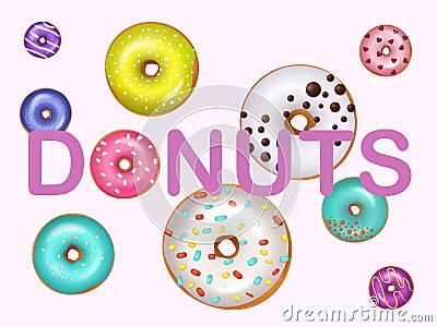 Donuts doughnuts vector illustration. Fried confection glazed dessert bakery product sweet food. Various color and size Vector Illustration