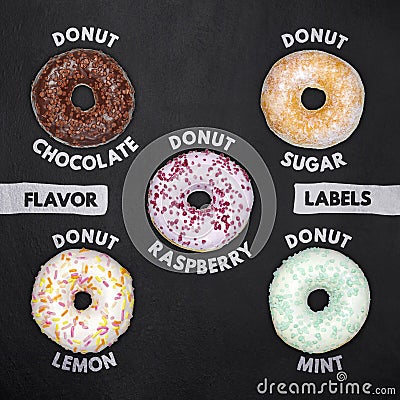 Donuts flavor labels Stock Photo