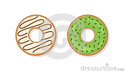 Donuts with glaze and glossy icing. Top view of confectionery dessert. Two sweet doughnuts Vector Illustration