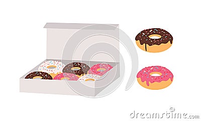 Donuts glazed with colorful sugar and chocolate icing and topped with sprinkles lying in carton box and isolated on Vector Illustration