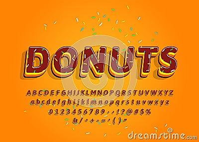 Donuts hand drawn decorative alphabet with colored topping. Cartoon sweet letters and numbers. Vector Vector Illustration