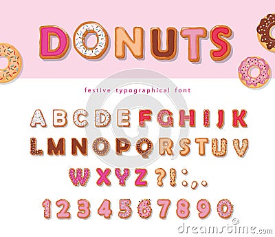 Donuts hand drawn decorative font. Cartoon sweet letters and numbers. Cute design for girls. Birthday party celebration. Stock Photo