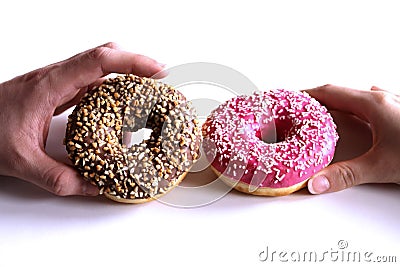 Donuts in hands collection, on white background.Top view. Stock Photo