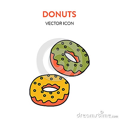 Donuts icon. Vector colorful illustration of two round with icing and sprinkling. Donut vector icon Vector Illustration