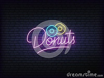 Donuts neon glowing sign. Bright vector label of donuts and lettering Vector Illustration