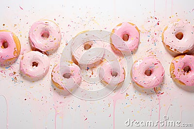 Donuts pattern with icing on white background. Sprinkled sweet and colourful glazed doughnut. Stock Photo