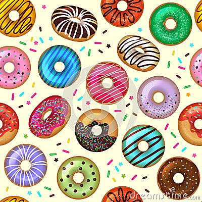 Donuts pattern. Tasty bakery dessert vector colored seamless background Vector Illustration