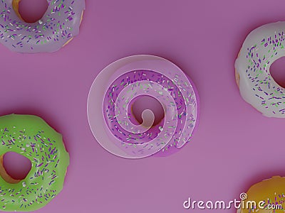 5 donuts on a pink background scattered on the table Stock Photo