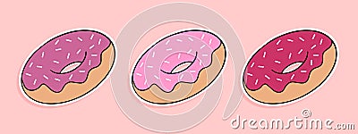 Donuts pink set. Sticker in cartoon style. Vector illustration Vector Illustration