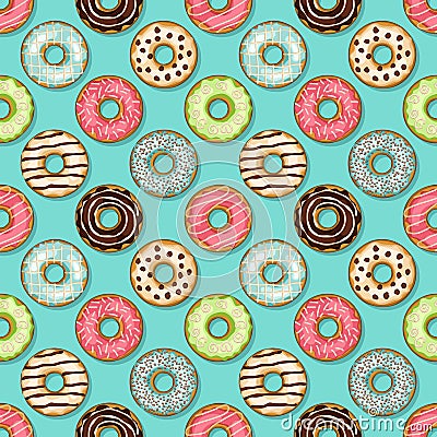 Donuts seamless pattern on blue background Vector Illustration