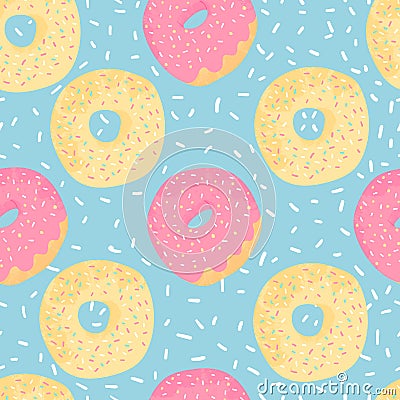 Donuts seamless pattern on blue background with white spotted. Desserts vector background in flat cartoons style. Vector Illustration