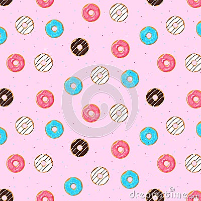 Donuts seamless pattern. Colored doughnuts assorted, american sweet food. Design for fabric print, bakery sticker cartoon vector d Vector Illustration