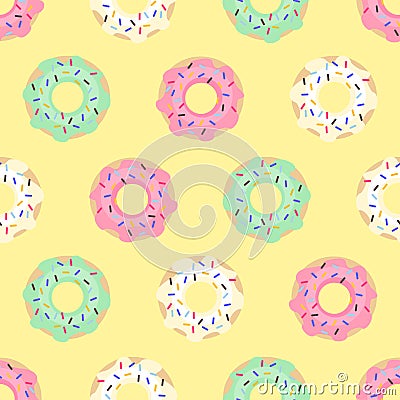 Donuts seamless pattern on yellow background. Vector Illustration