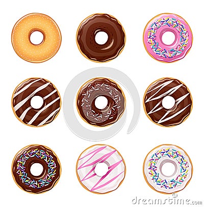 Donuts. Set of american sweets desserts. Vector Illustration