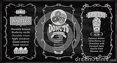 Donuts, waffles and blended drinks chalkboard display menu set Vector Illustration