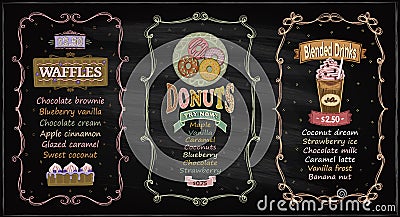 Donuts, waffles and blended drinks chalkboard menu for cafe or restaurant Vector Illustration