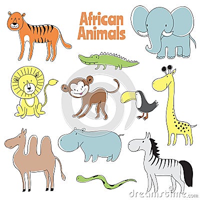 Doodle animals. African baby animal lion, monkey and crocodile, elephant and giraffe, zebra and hippo vector characters Vector Illustration