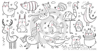 Doodle animals. Sketch animal, hand drawn decoration panda and adorable crocodile. Cute shark, cat and friendship Vector Illustration