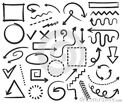 Doodle arrows and frames, hand drawn circles, square shapes. Sketch arrow, border, frame, check mark, pointer scribble Vector Illustration
