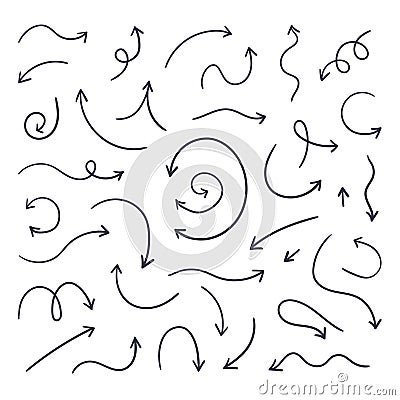 Doodle arrows. Hand drawn line pointers, pencil sketch elements, round curly wavy direction arrows. Vector linear arrow Vector Illustration