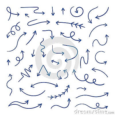 Doodle arrows. Linear hand drawn direction arrows, pen sketch design elements. Wavy loop line arrows. Vector doodle Vector Illustration