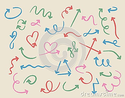 Doodle arrows. Sketch pastel curved arrow handmade elements. Outline red, pink, blue and green direction pointer Vector Illustration