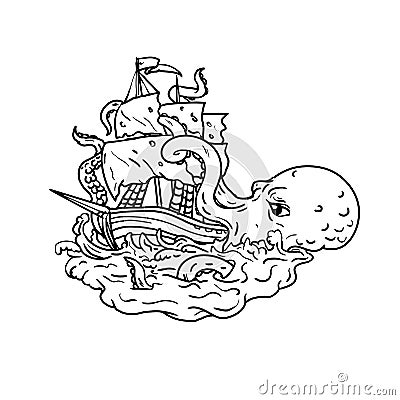 Kraken Attacking Sailing Ship Doodle Art Vector Illustration