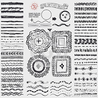 Doodle artistic pattern brushes,wreath,frame.Black Vector Illustration