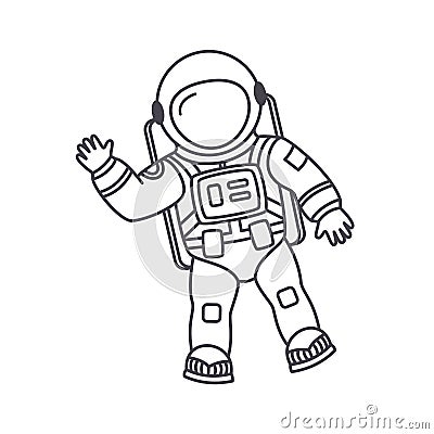 Doodle astronaut. Cartoon funny character with waving hand. Hello world. Hand drawn children cosmonaut Stock Photo