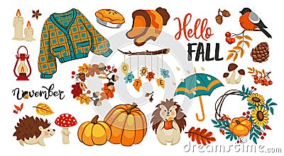 Doodle autumn. Cute hello fall stickers. Turkey and candle. Acorn and leaves. October rain. Pumpkin pie. Warm clothing Vector Illustration