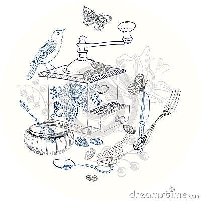 Doodle background with coffee mill, flowers and birds Vector Illustration