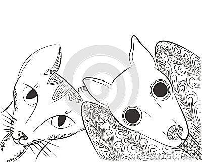 Doodle bat and cat head. Night animals Zen Tangle. Vector Illustration