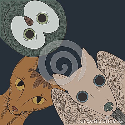 Doodle bat, cat and owl head. Night animals Zen Tangle. Vector Illustration