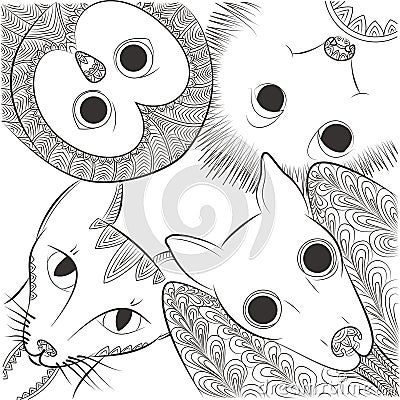 Doodle bat, cat, owl and hedgehog head. Night animals Zen Tangle. Vector Illustration