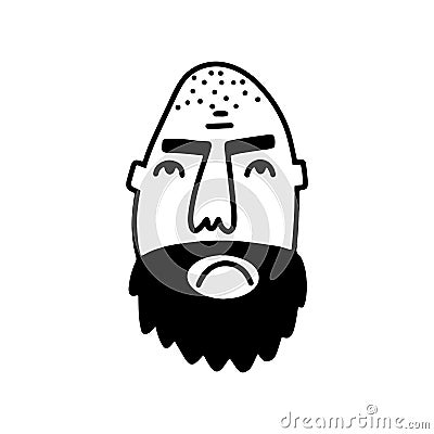 Doodle bearded Man face. Funny gloomy Avatar Vector Illustration