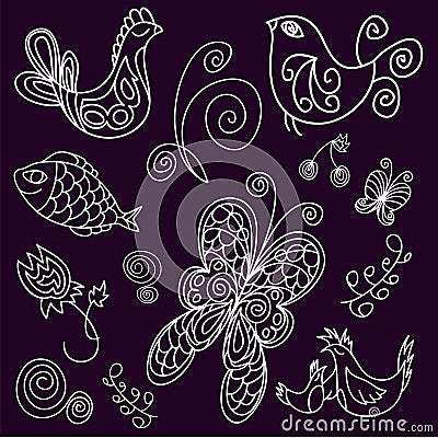 Doodle birds, leaves, fish and butterflies Vector Illustration