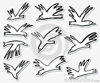 Doodle birds stickers set. Collection with funny flying animals. Vector Illustration