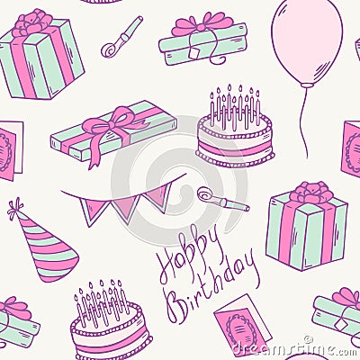 Doodle birthday party seamless pattern Vector Illustration