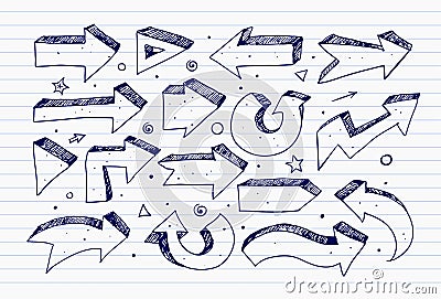 Doodle blue pen sketch arrows on lined paper background Vector Illustration