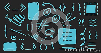 Doodle blue shapes, text box, parenthesis, brackets, punctuation mark, comma, squiggle arrow, lines, rectangle frames Vector Illustration