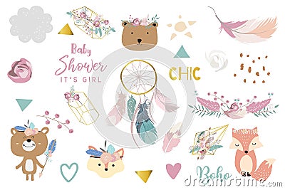 Doodle boho set with bear,feather,dreamcatcher,flower. illustration for logo,sticker,postcard,birthday invitation.Editable element Vector Illustration