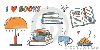 Doodle book colourful collection. Educational Vector illustration, books set icon. Stack of books, lamp, tea cup. Reading books Vector Illustration
