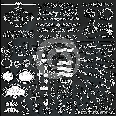 Doodle border,budges,eggs,ribbons,floral easter Vector Illustration