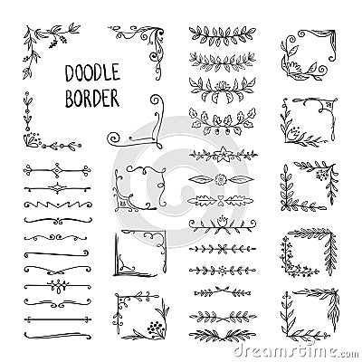 Doodle border. Flower ornament frame, hand drawn decorative corner elements, floral sketch pattern. Vector doodle frame Vector Illustration